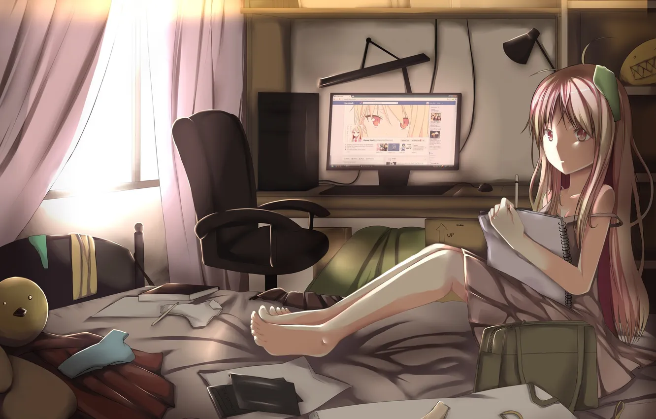 Photo wallpaper girl, room, clothing, bed, interior, art, notebook, hewsack