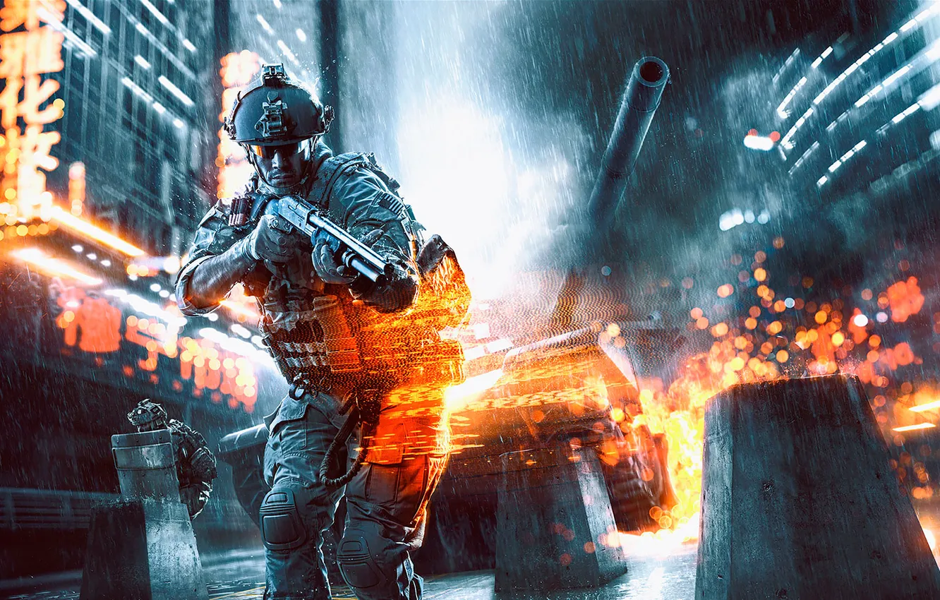 Photo wallpaper lights, weapons, home, battle, soldiers, tank, helmet, shield