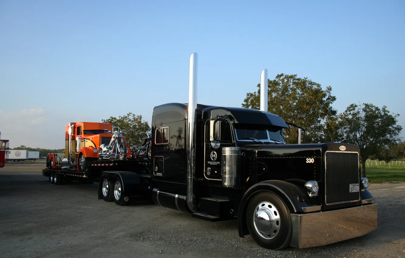 Photo wallpaper black, Truck, cabin, chrome, the trailer, stories, tractor