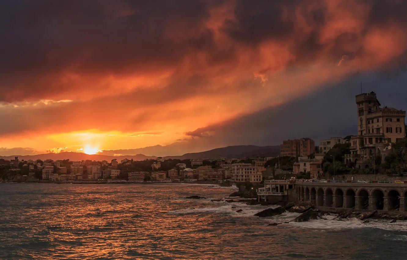 Photo wallpaper sea, the sky, coast, home, Italy, glow, Liguria, Genoa