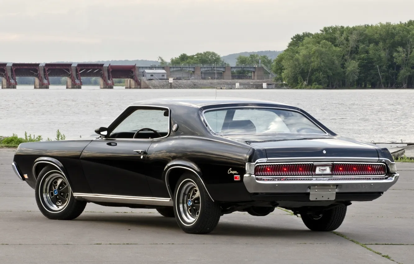 Photo wallpaper background, shore, black, coupe, dam, 1969, muscle car, rear view