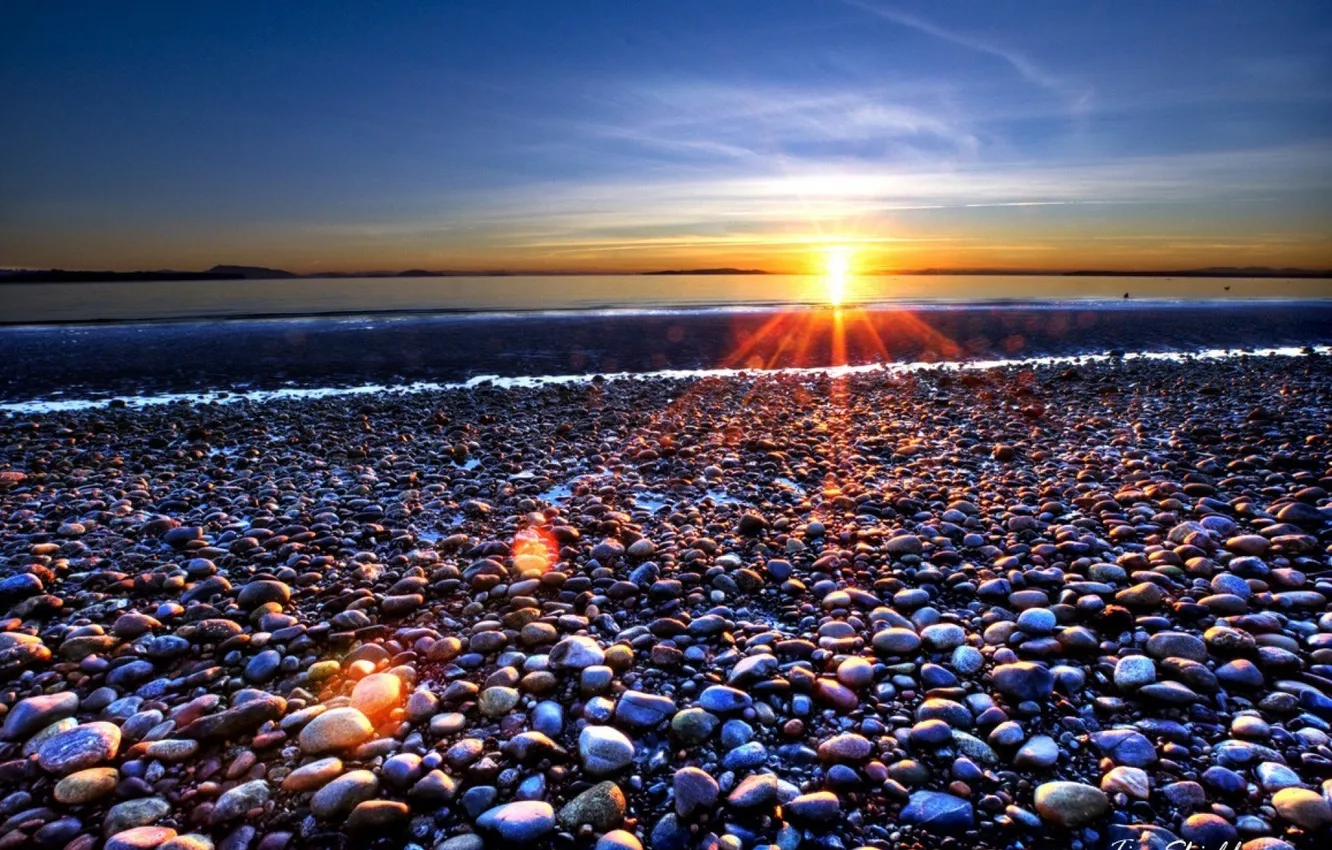 Photo wallpaper sea, the sun, rays, stones, photo, shore, horizon
