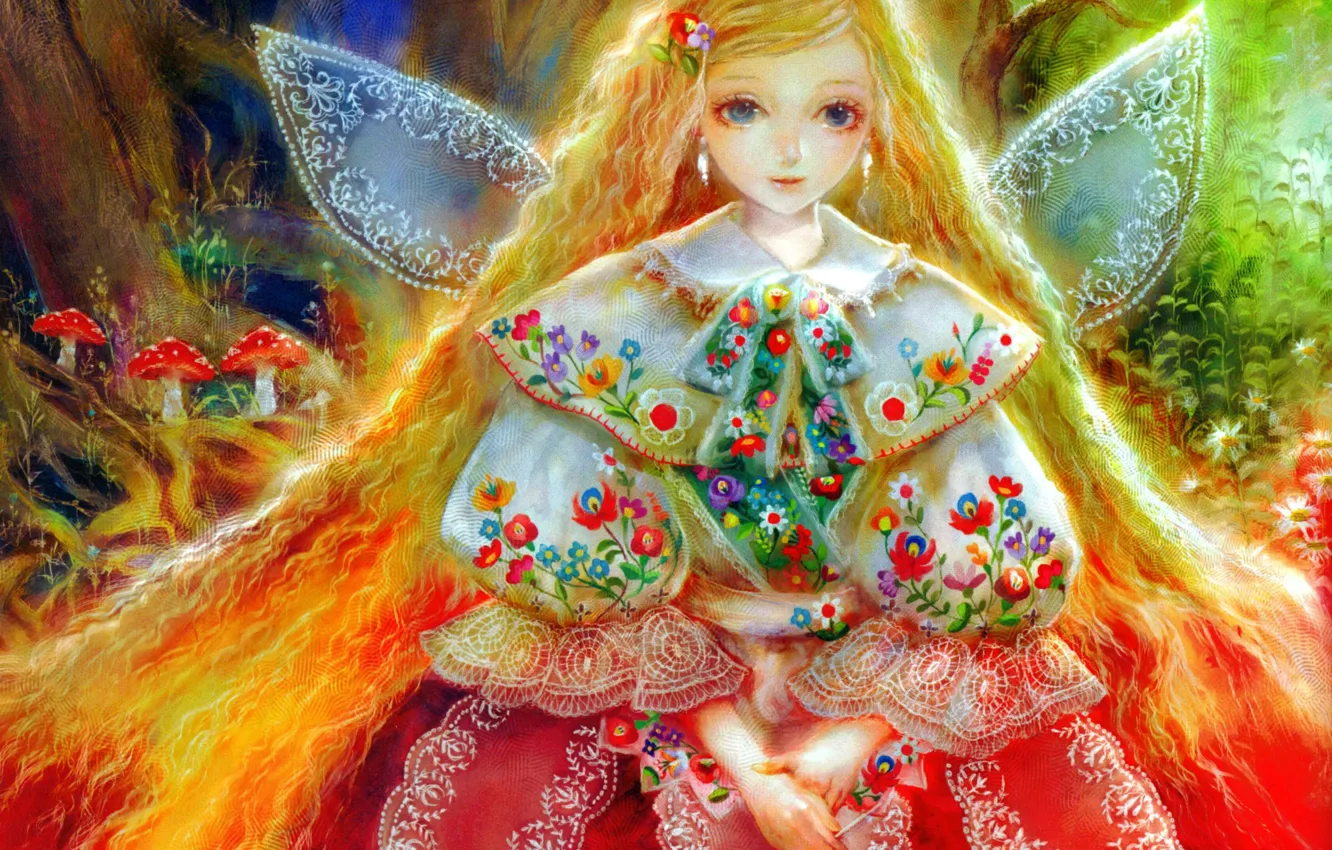 Photo wallpaper flowers, wings, fairy, girl, Amanita, lace, long hair, embroidery