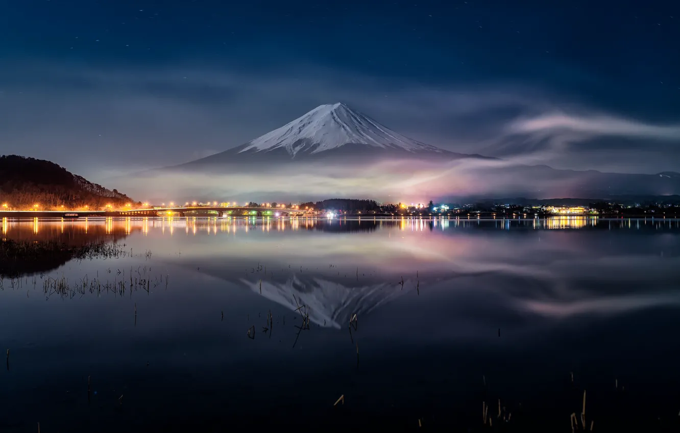 Photo wallpaper water, night, reflection, Japan, Fuji, mount Fuji