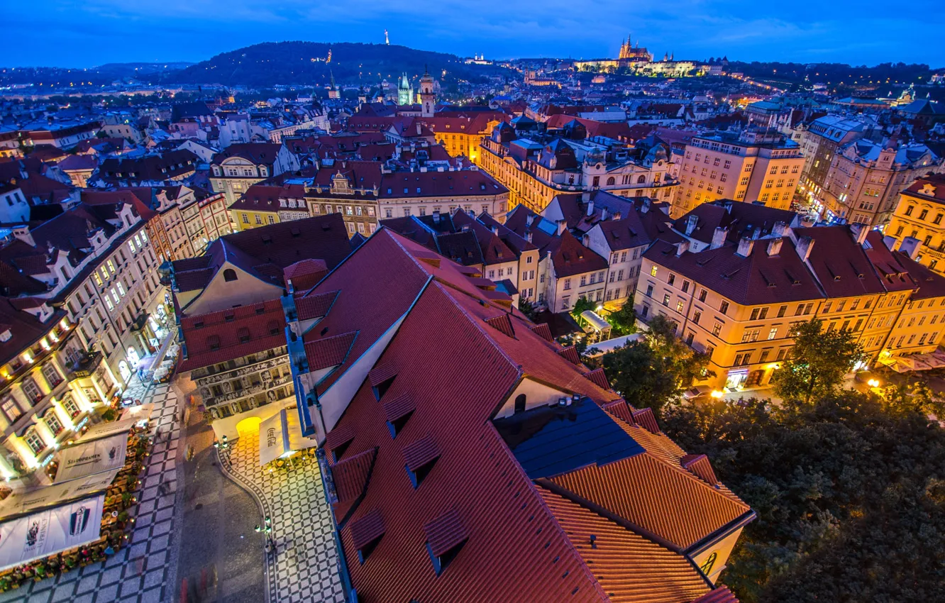 Photo wallpaper roof, night, the city, lights, hills, street, building, height