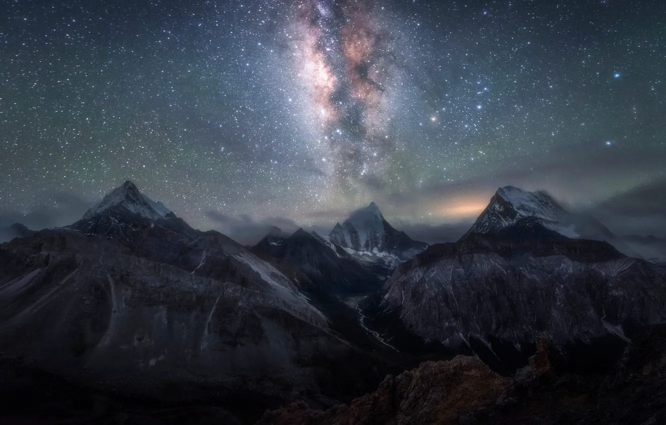 Photo wallpaper stars, snow, mountains, night, fog, river, tops, slope