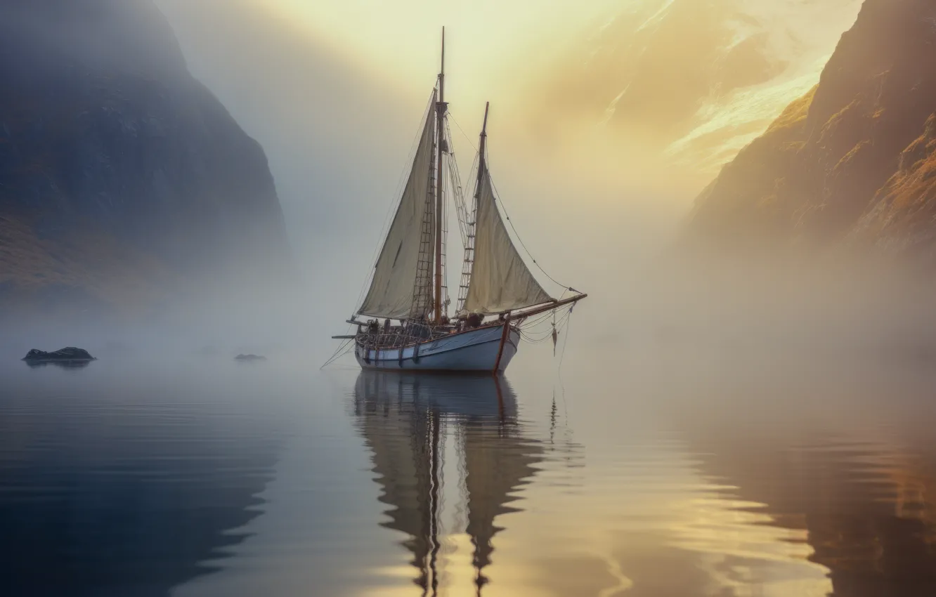 Photo wallpaper sea, mountains, fog, reflection, photoshop, sailboat, Greenland