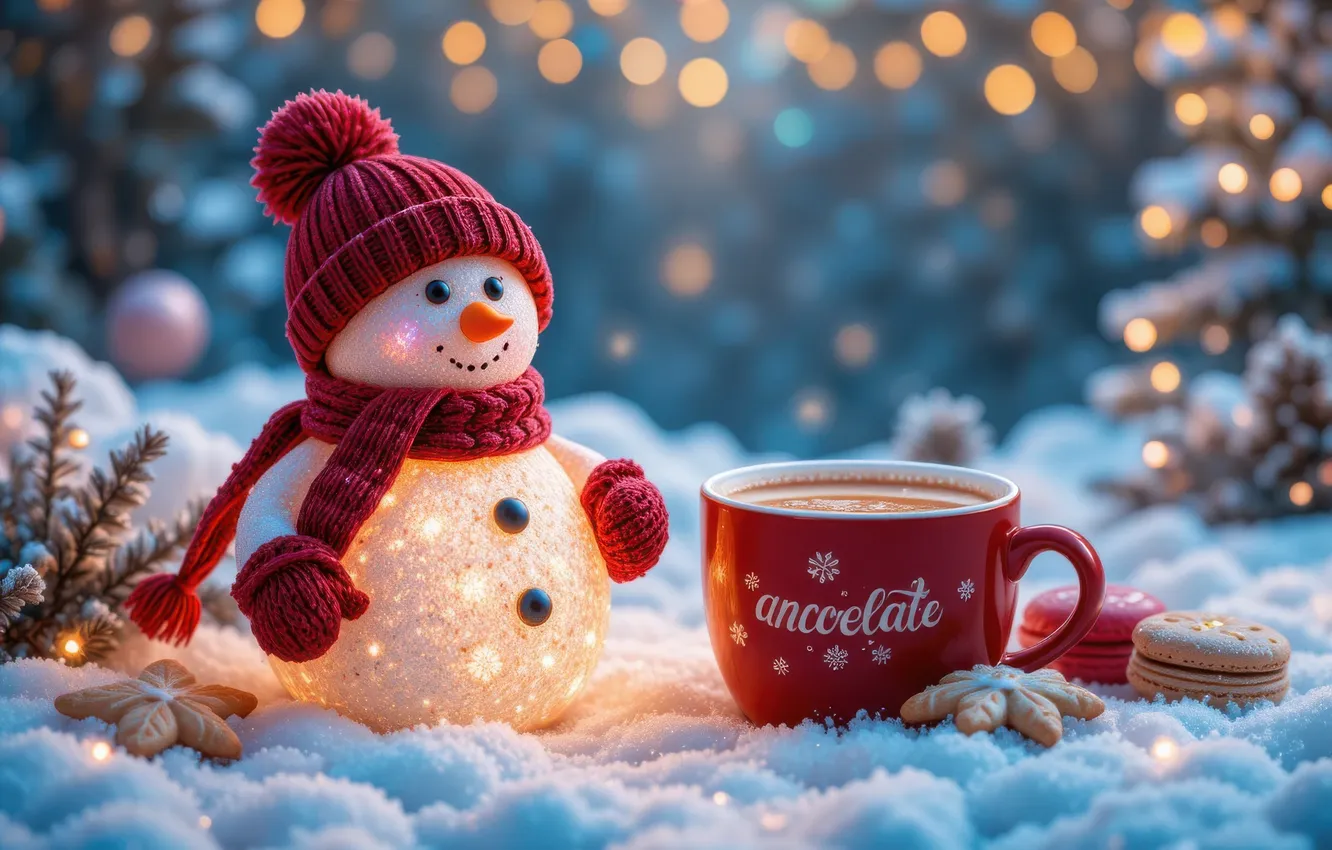 Photo wallpaper balls, new year, cookies, Christmas, mug, Cup, the snow, snowman