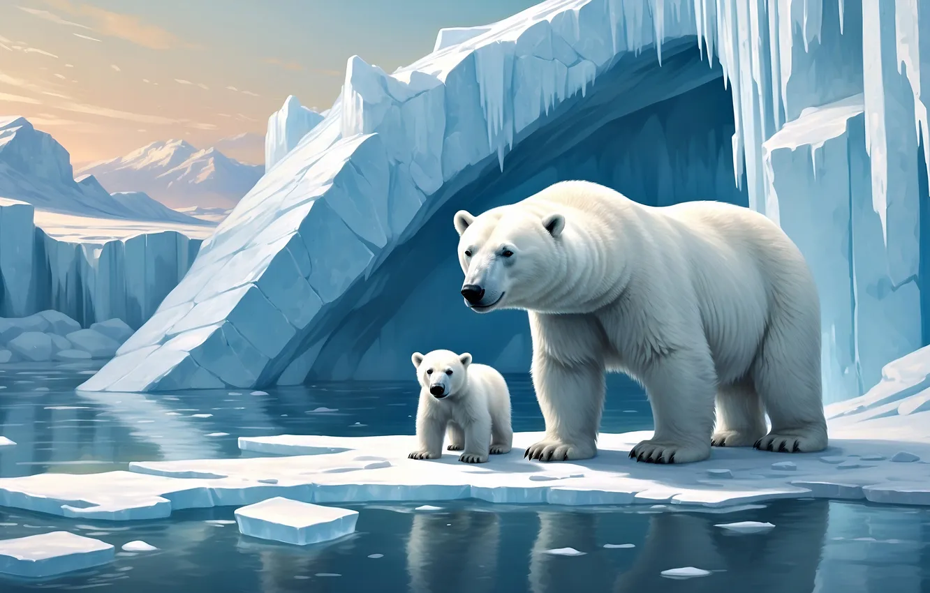 Photo wallpaper winter, snow, iceberg, ice, bear, polar bear, pond, polar bears