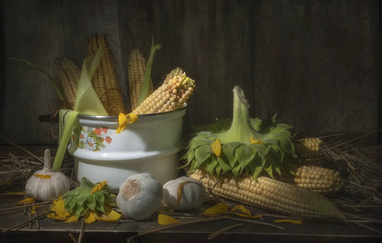 Photo wallpaper sunflowers, Board, corn, petals, pan, still life, the cob, garlic