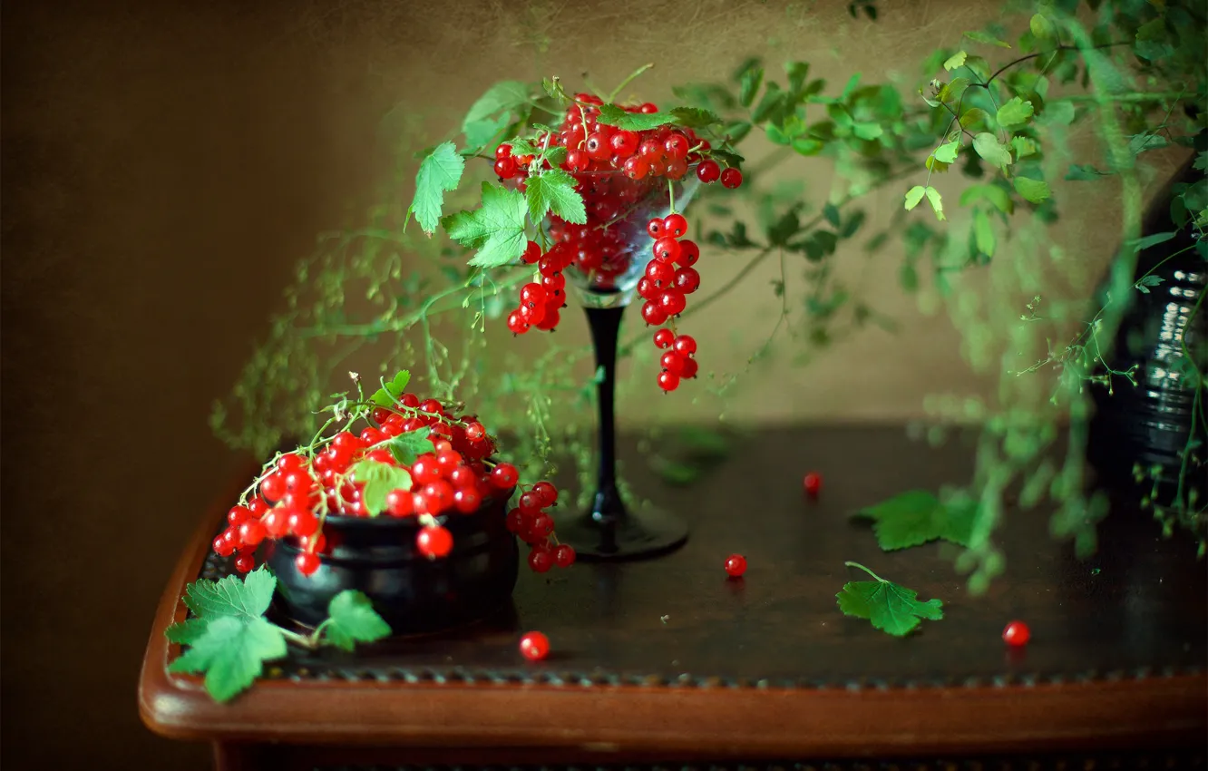 Photo wallpaper leaves, berries, glass, table, currants, bunches, Mila Mironova