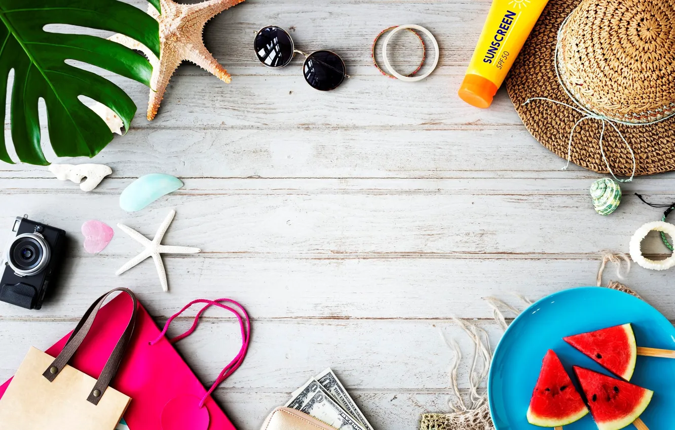 Photo wallpaper hat, watermelon, glasses, plate, the camera, tubes