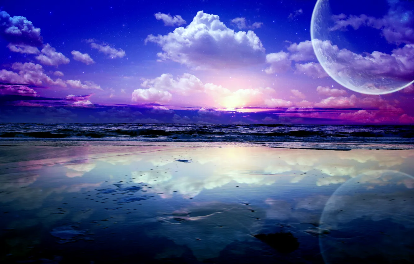 Photo wallpaper sea, wave, the sky, stars, clouds, landscape, reflection, planet