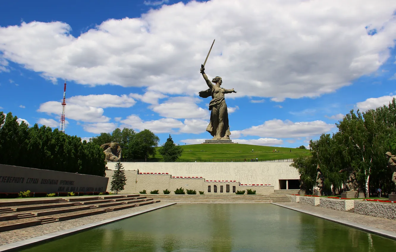 Photo wallpaper clouds, memory, panorama, sculpture, Volgograd, Mamaev Kurgan, Volgograd, The Motherland calls