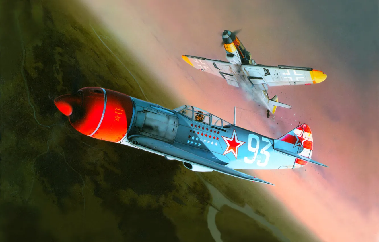 Photo wallpaper figure, battle, fighters, Lavochkin, Messerschmitt, La-7