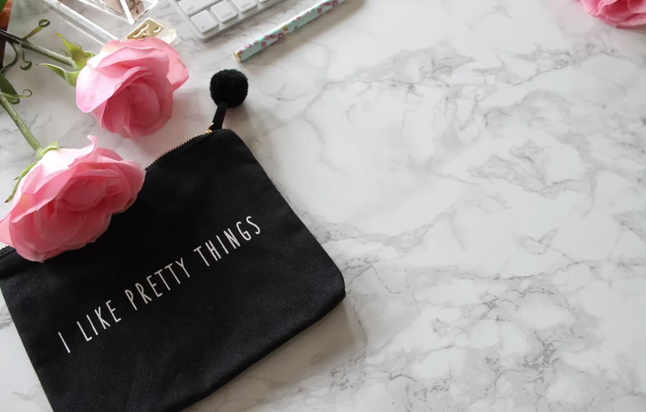 Photo wallpaper roses, handle, pink, flowers, roses, keyboard, marble
