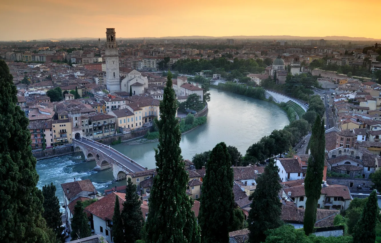 Photo wallpaper river, Italy, panorama, Verona
