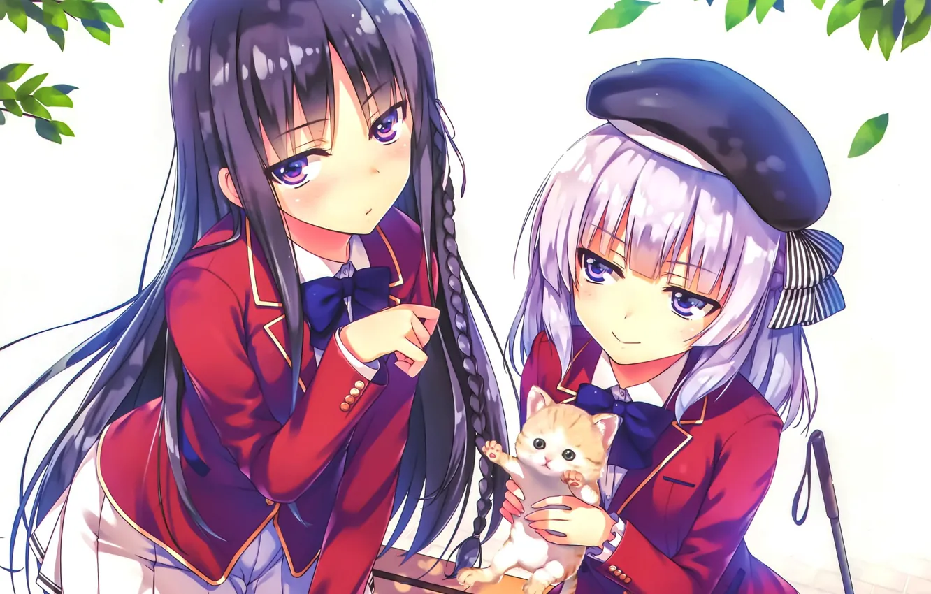 Photo wallpaper leaves, girl, kitty, school uniform, Youkoso Jitsuryoku Shijou Shugi no Kyoushitsu e, Welcome To The …