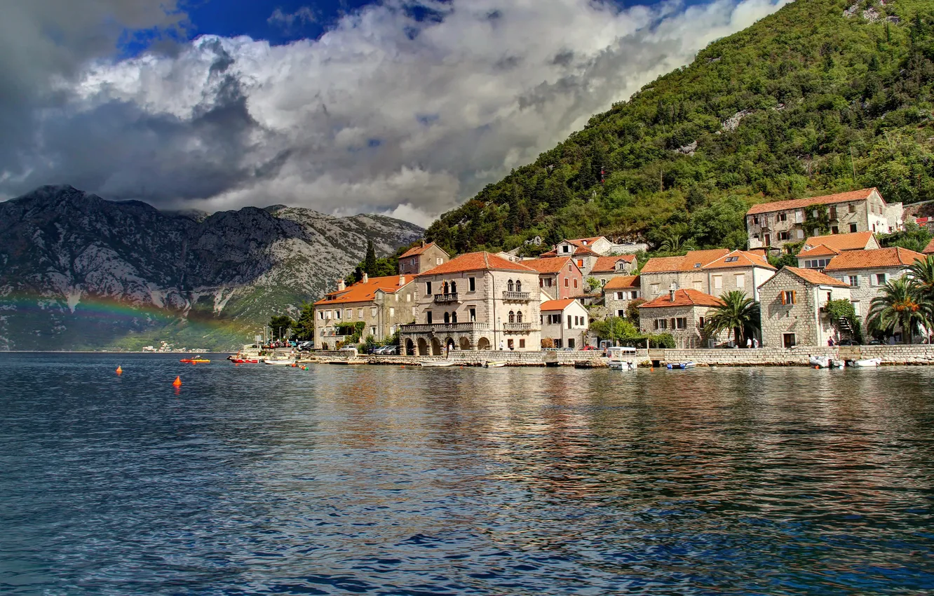 Photo wallpaper water, mountains, the city, photo, coast, Montenegro, Perast