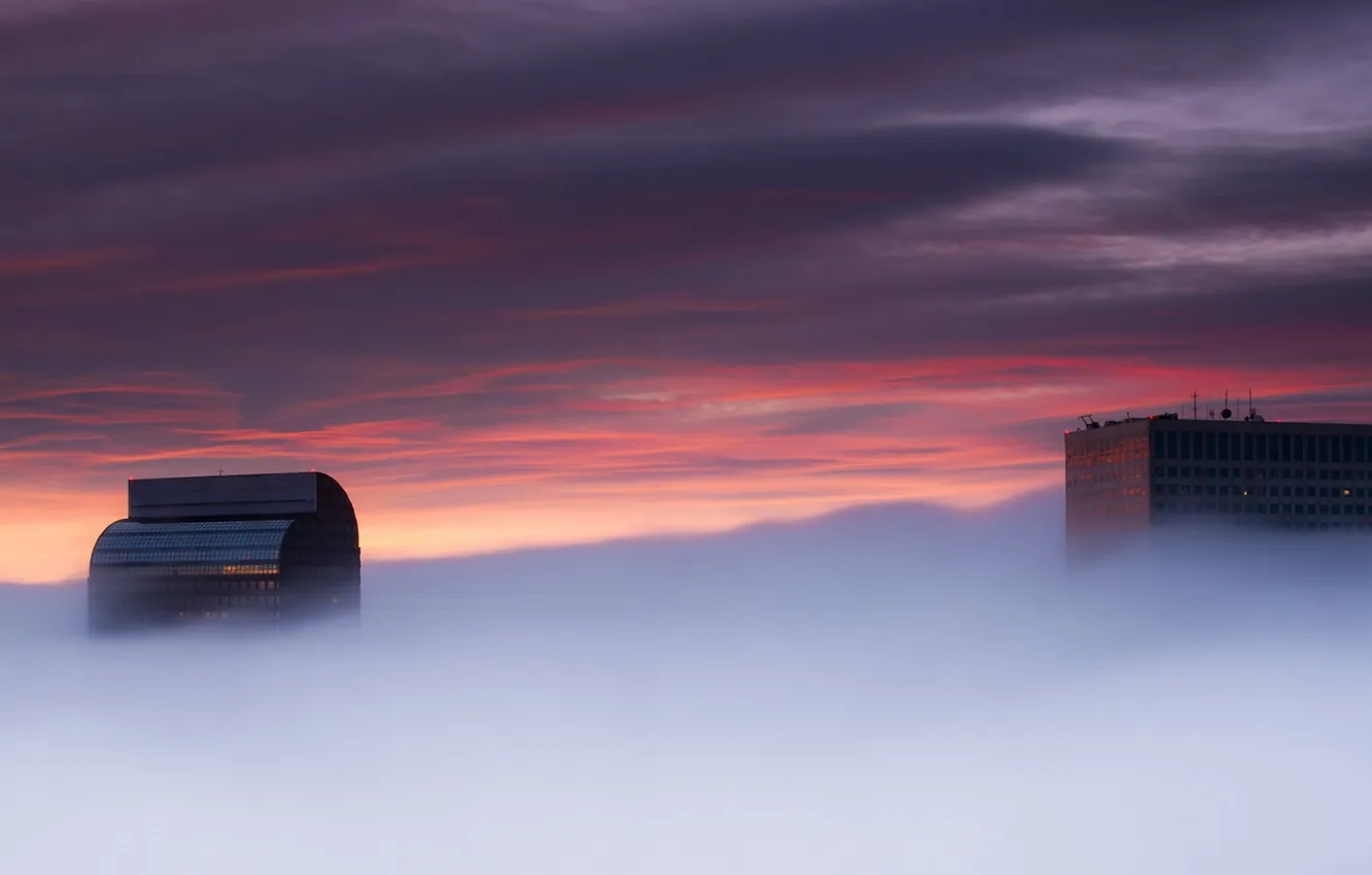 Photo wallpaper sunset, the city, fog