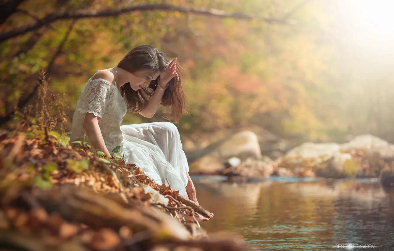 Photo wallpaper autumn, nature, mood, dress, brown hair, river, sitting, in white