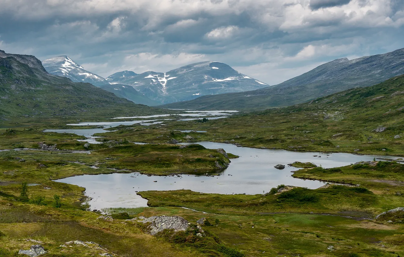 Photo wallpaper the sky, clouds, mountains, valley