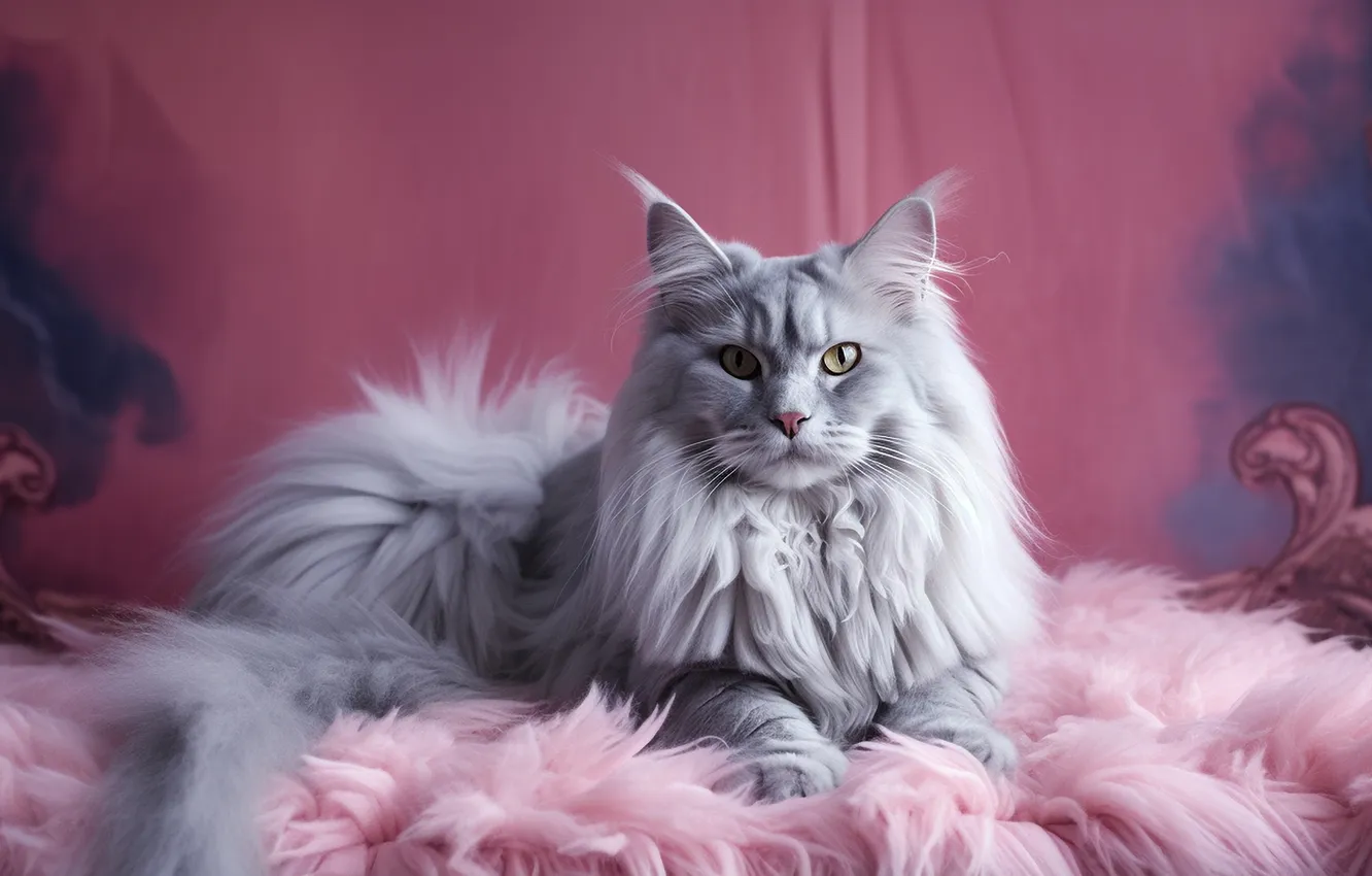 Photo wallpaper cat, cat, look, pose, grey, wall, fluffy, tail