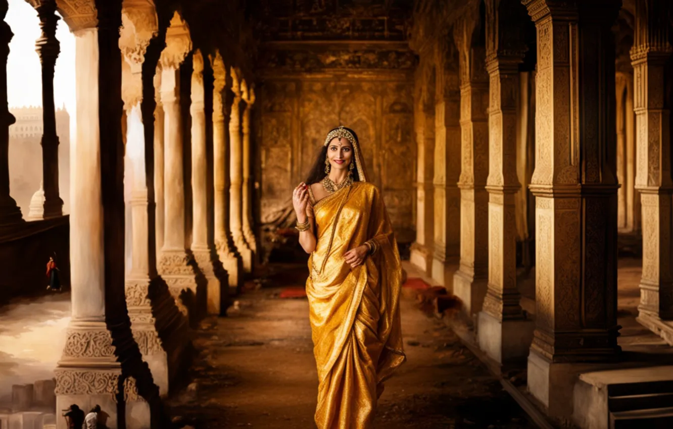Photo wallpaper girl, India, columns, architecture, Palace, columns.hole, AI ART