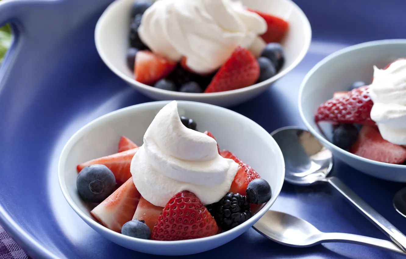 Photo wallpaper berries, blueberries, cream, strawberry, dessert, BlackBerry, dish, blueberries