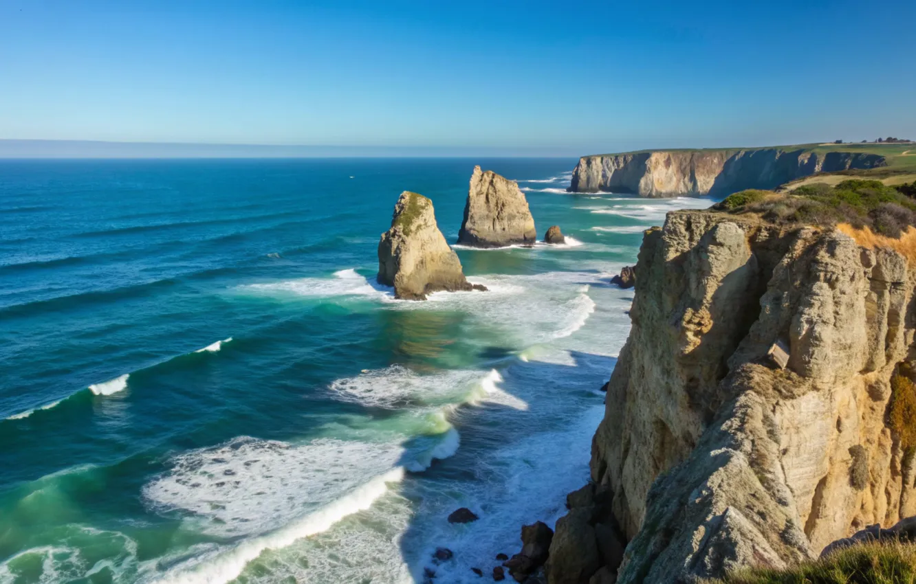 Photo wallpaper sea, wave, clouds, rocks, shore, waves, sea, ocean