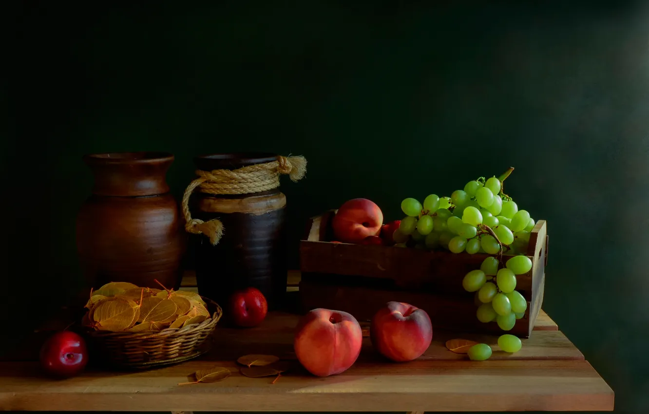 Photo wallpaper table, grapes, pitcher, still life, peaches