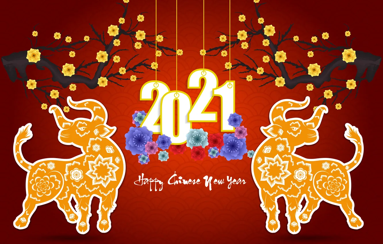 Photo wallpaper flowers, branches, the inscription, pattern, two, new year, styling, figures