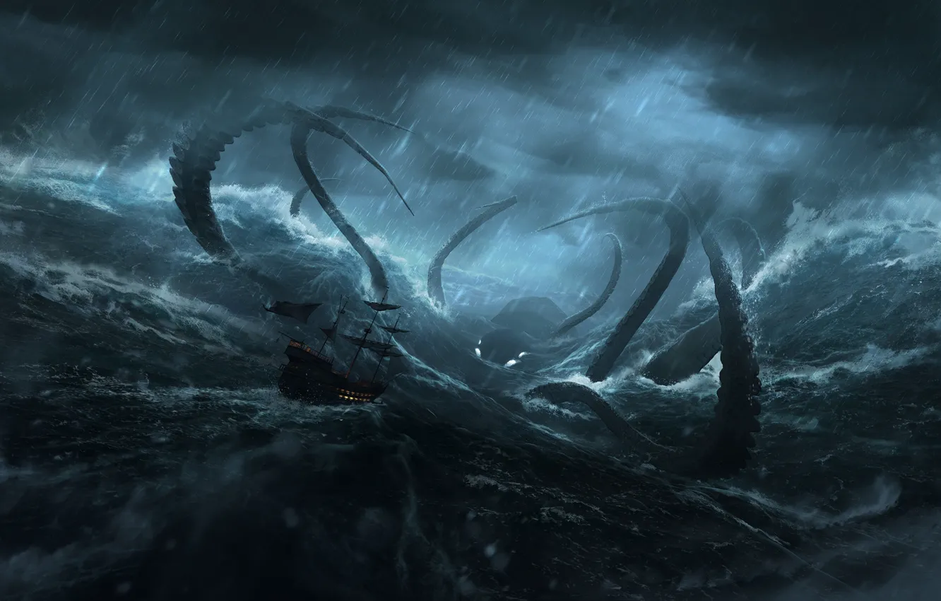 Photo wallpaper wave, clouds, storm, rain, ship, being, octopus, bad weather