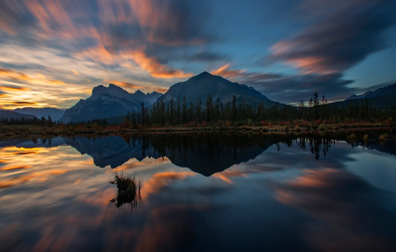 Photo wallpaper sunset, mountains, lake, reflection, the evening, Canada, Albert, Banff National Park