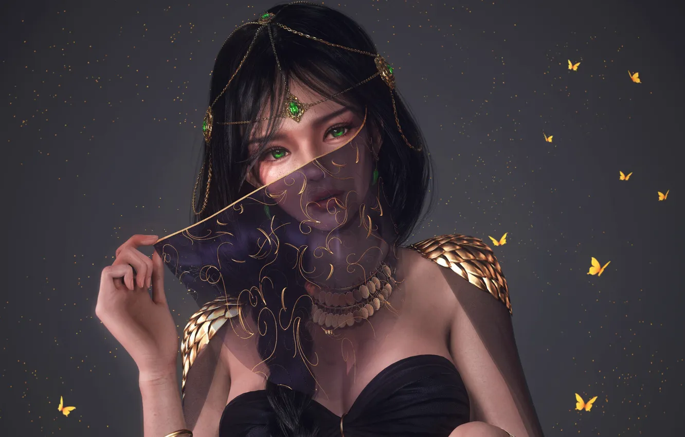 Photo wallpaper girl, fantasy, green eyes, butterfly, digital art, artwork, princess, fantasy art