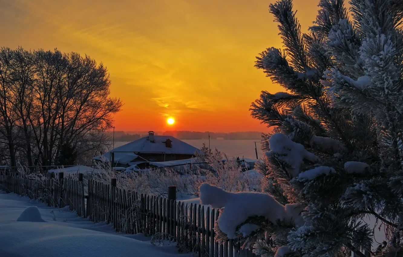 Photo wallpaper winter, the sun, snow, trees, sunset, house, the fence