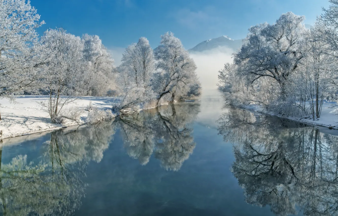 Photo wallpaper winter, frost, forest, snow, trees, mountains, fog, lake