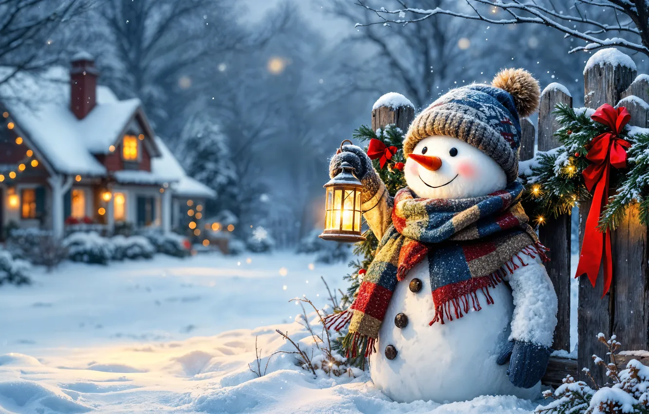 Photo wallpaper winter, snow, decoration, new year, Christmas, snowman, Christmas, winter