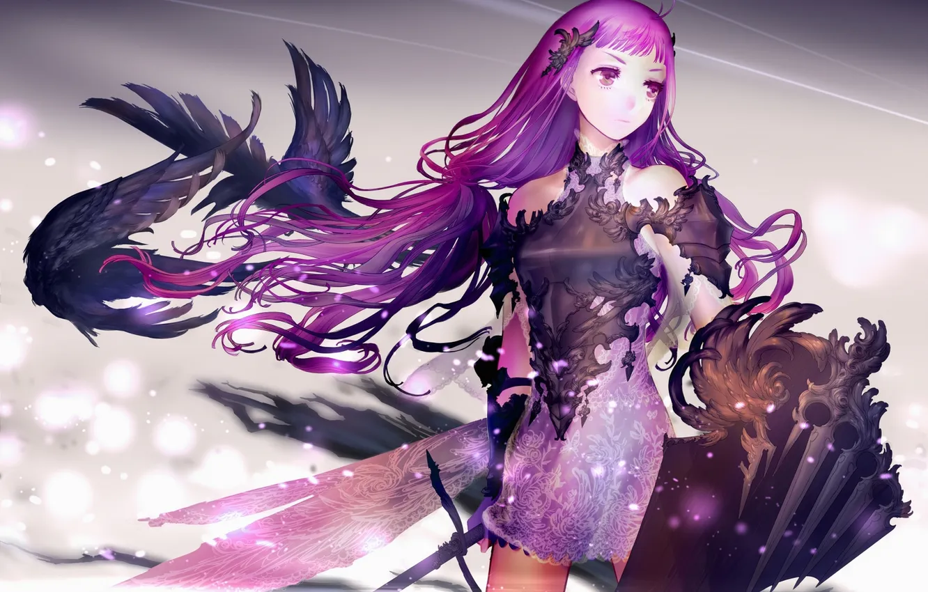 Photo wallpaper girl, weapons, wings, sword, anime, art, shield, yasumikei