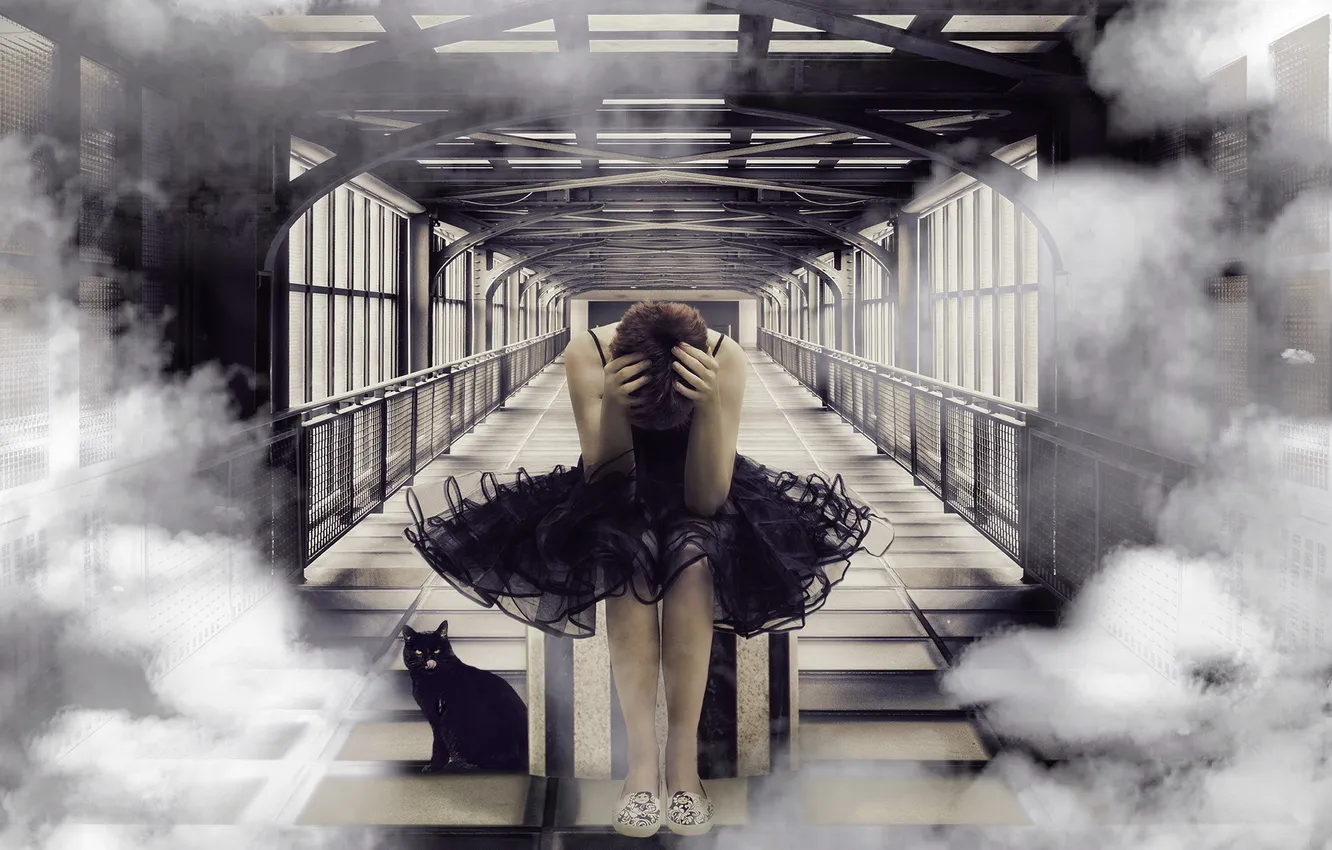 Photo wallpaper cat, girl, smoke