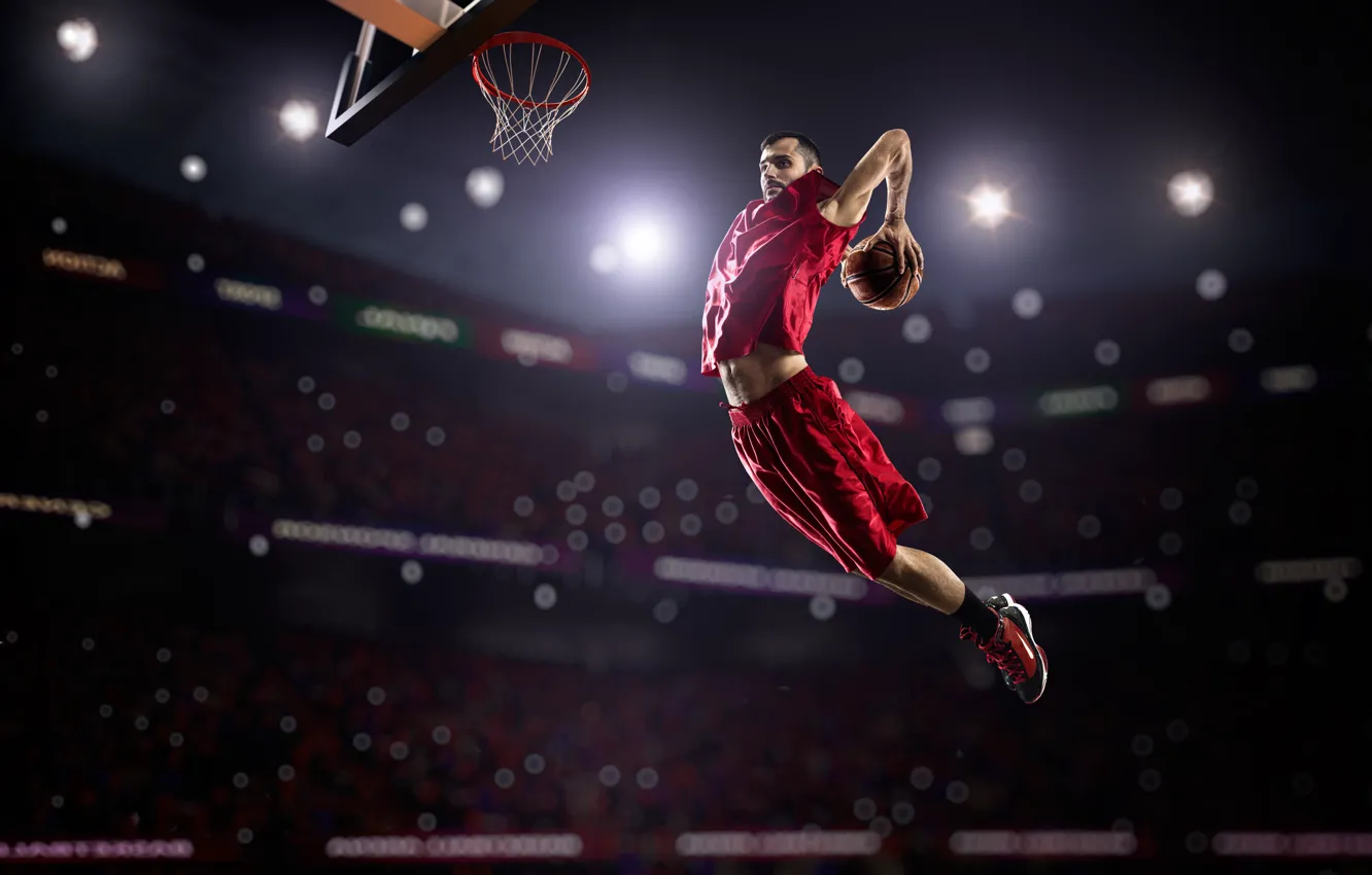 Photo wallpaper lights, jump, the game, shorts, the ball, Mike, ring, Basketball