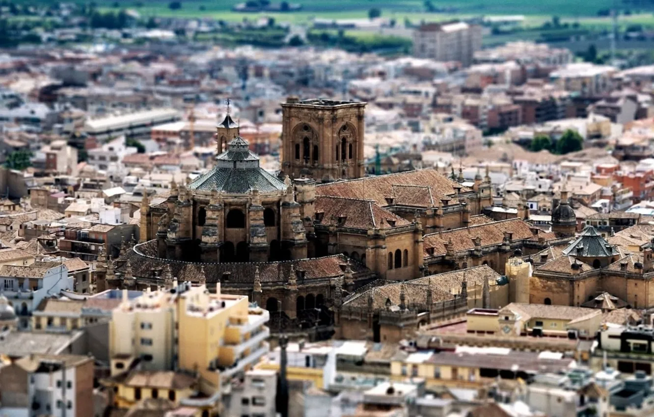 Photo wallpaper the city, building, effect, Spain, tilt shift, cityscapes