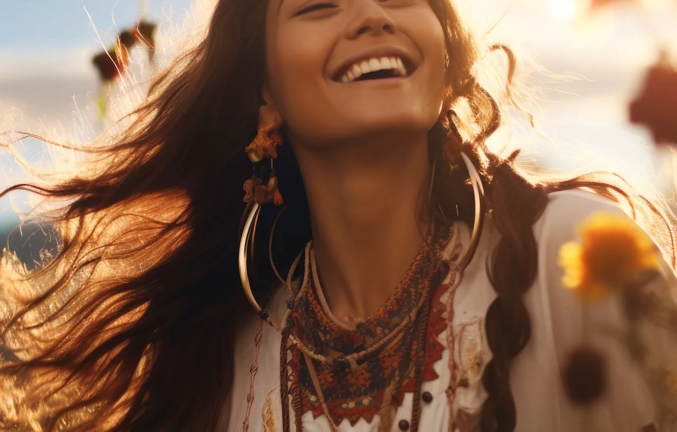 Photo wallpaper girl, joy, happiness, flowers, smile, hair, digital art, AI art