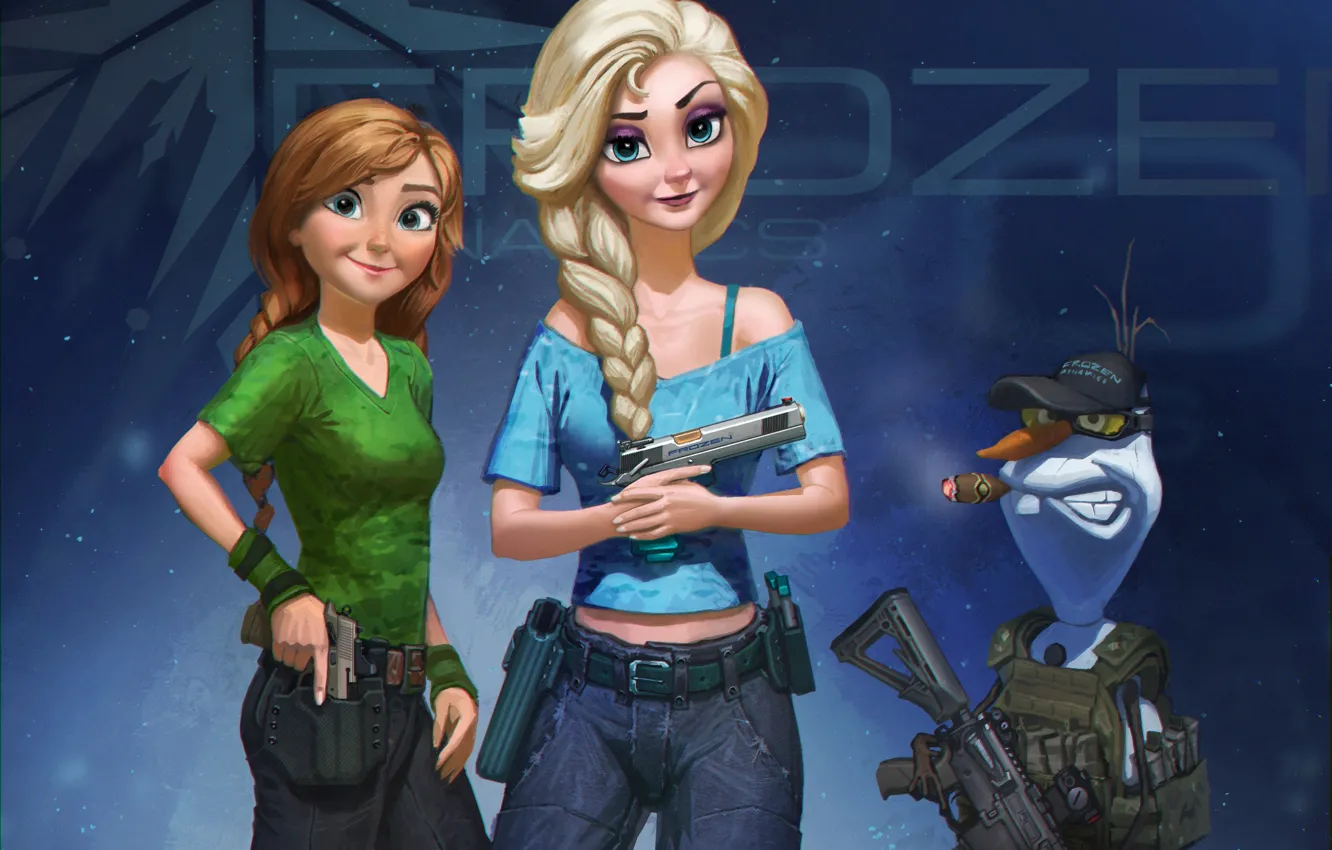 Photo wallpaper Anna, weapon, frozen, disney, fan art, Elsa, Olaf, Snow Queen