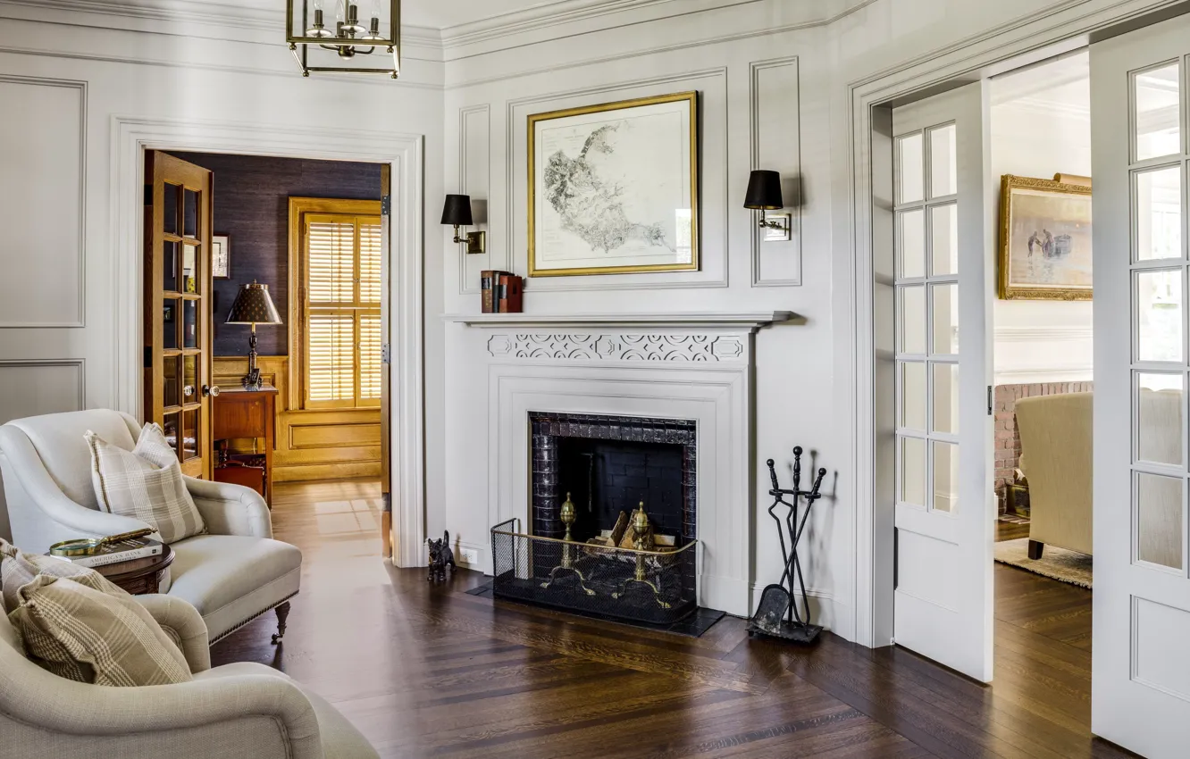 Photo wallpaper interior, fireplace, living room, cozy, hearth home