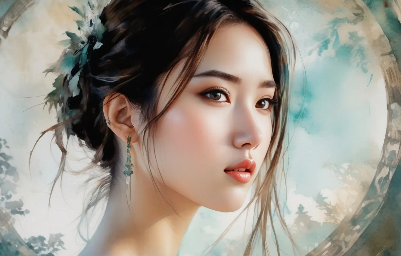 Photo wallpaper look, girl, circles, pose, portrait, earrings, brunette, hairstyle