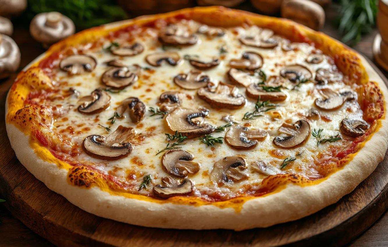 Photo wallpaper mushrooms, food, cheese, pizza, cakes, mushrooms, AI art, neural network