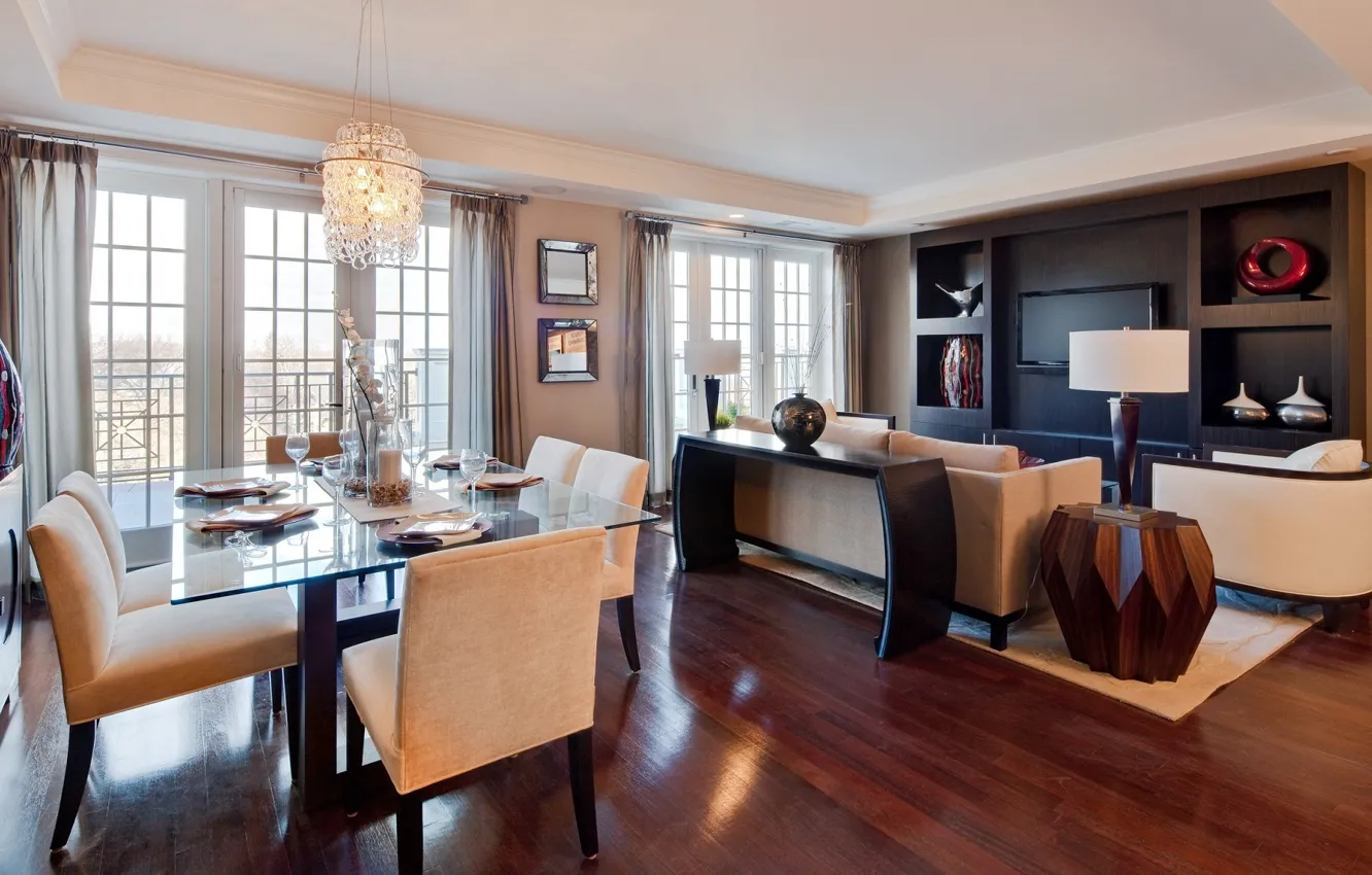 Photo wallpaper design, style, interior, combined living-dining room