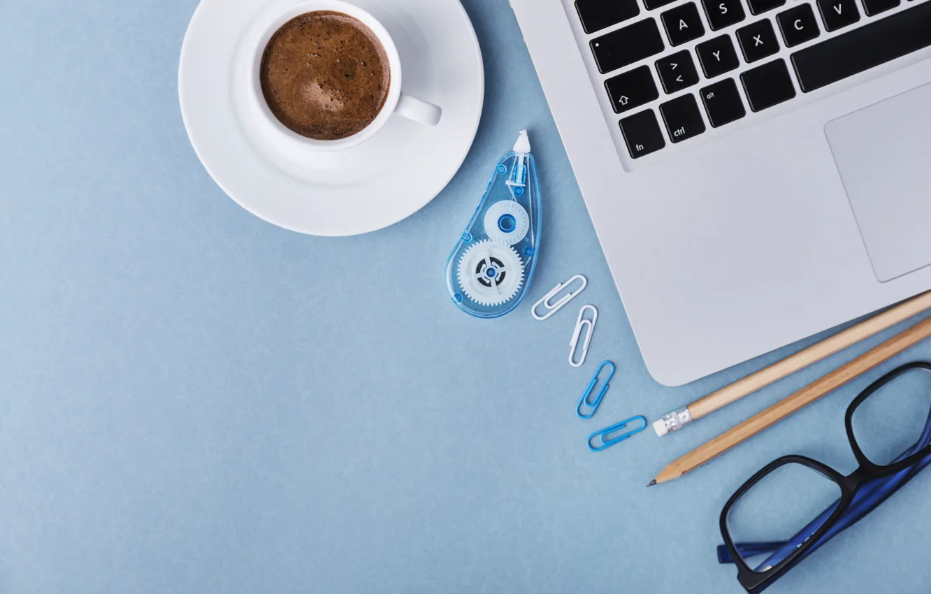 Photo wallpaper computer, coffee, glasses, clip, the office
