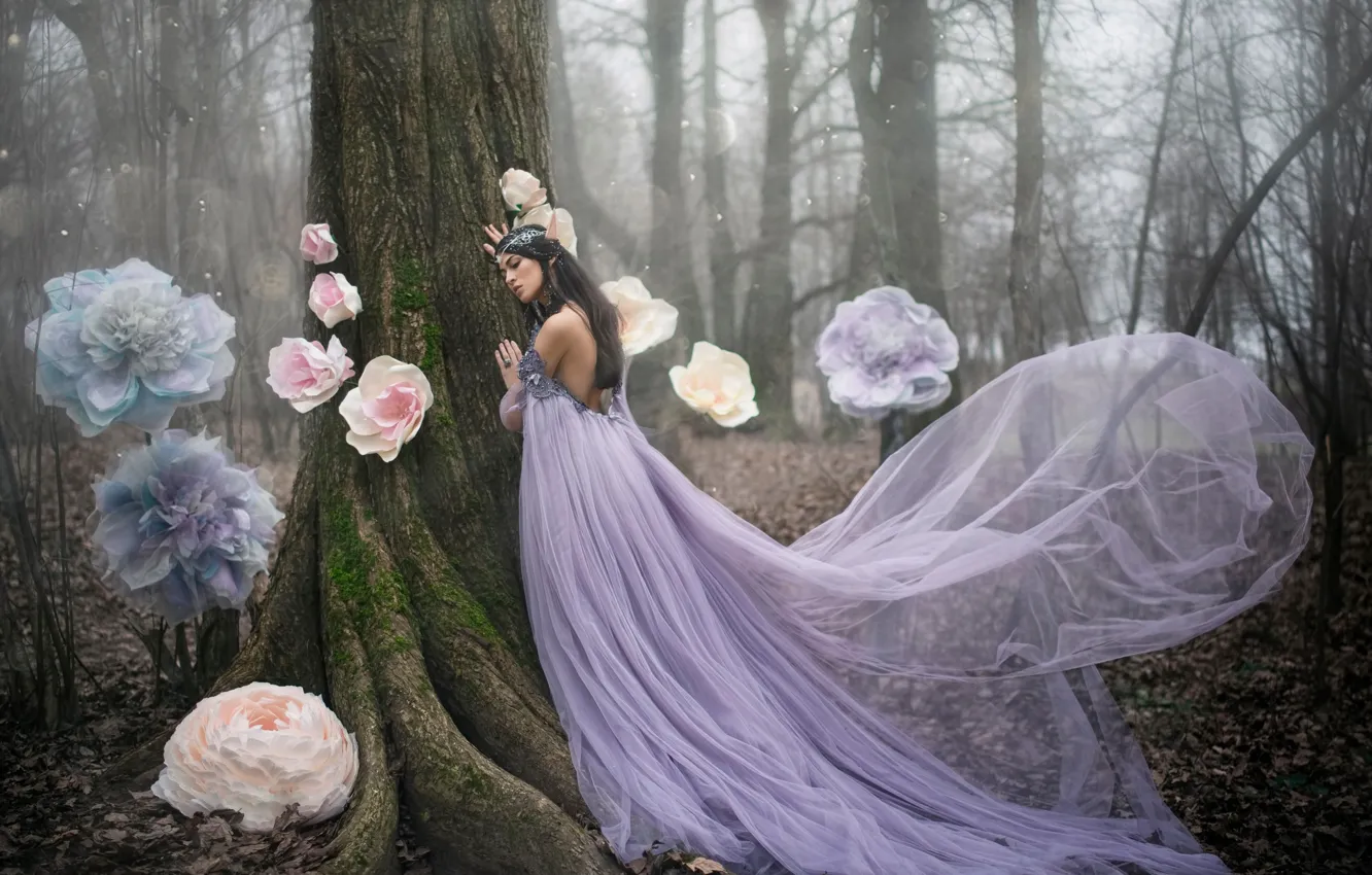Photo wallpaper forest, girl, flowers, tree, elf, dress, fantasy